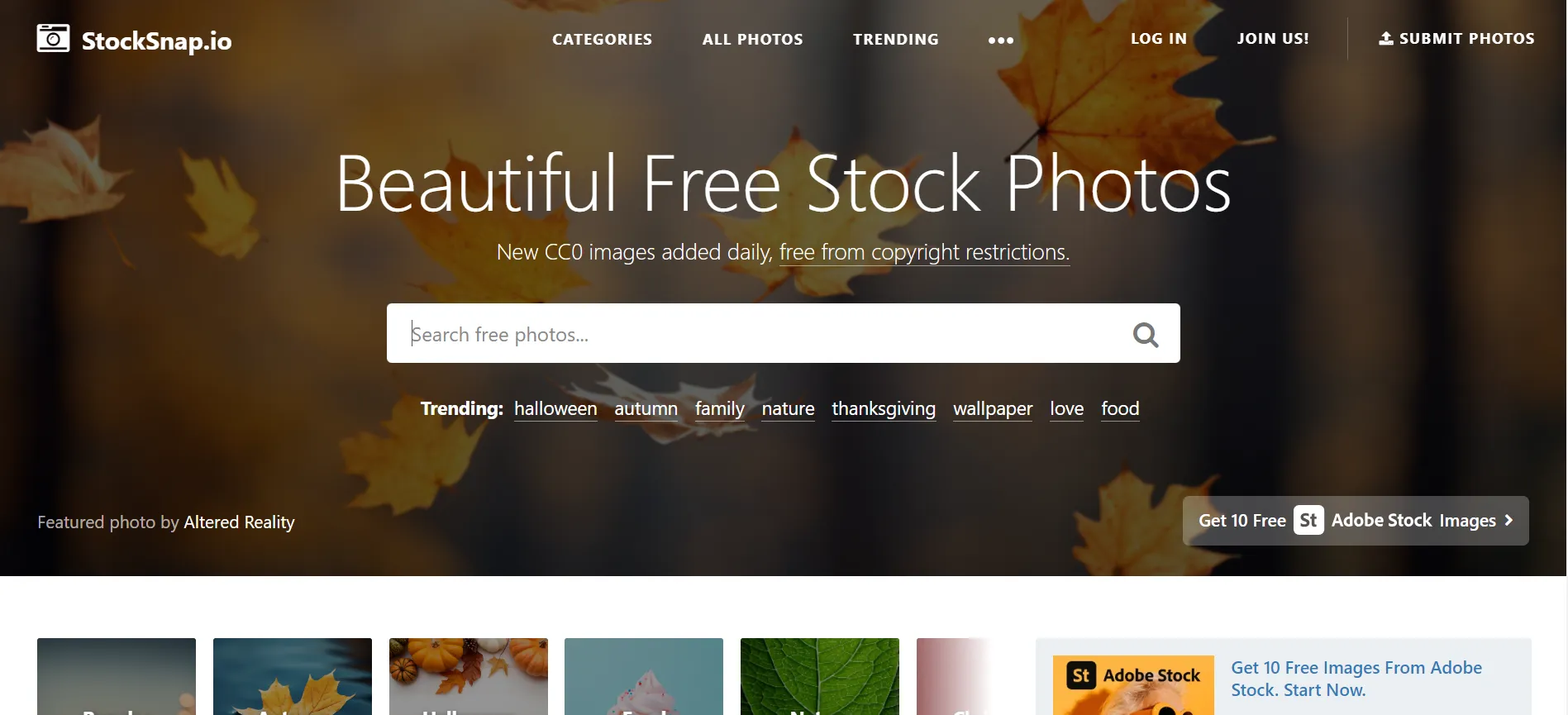 StockSnap.io search interface with trending high-resolution stock photos