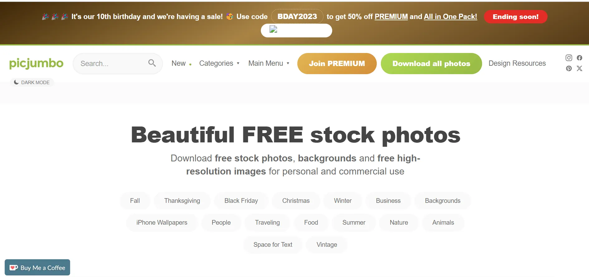 PicJumbo gallery page with categorized royalty-free photo collections