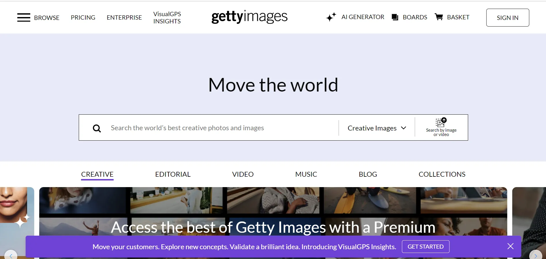 Getty Images search page with embeddable premium stock photography