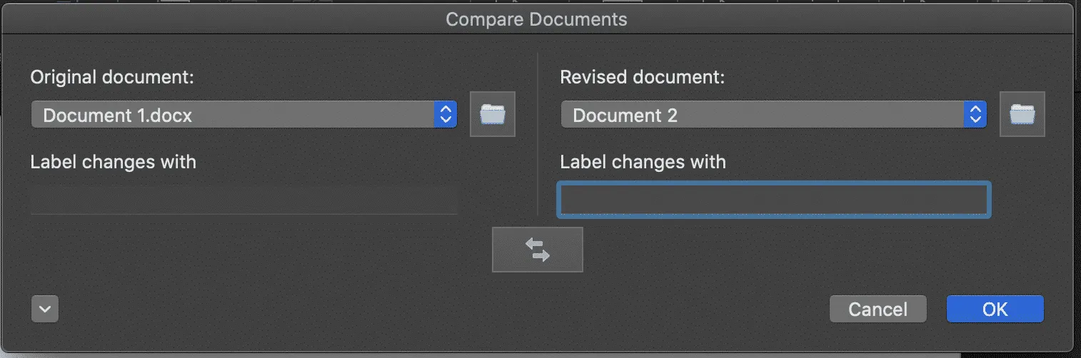 Compare Documents dialog with Original and Revised document fields in Microsoft Word