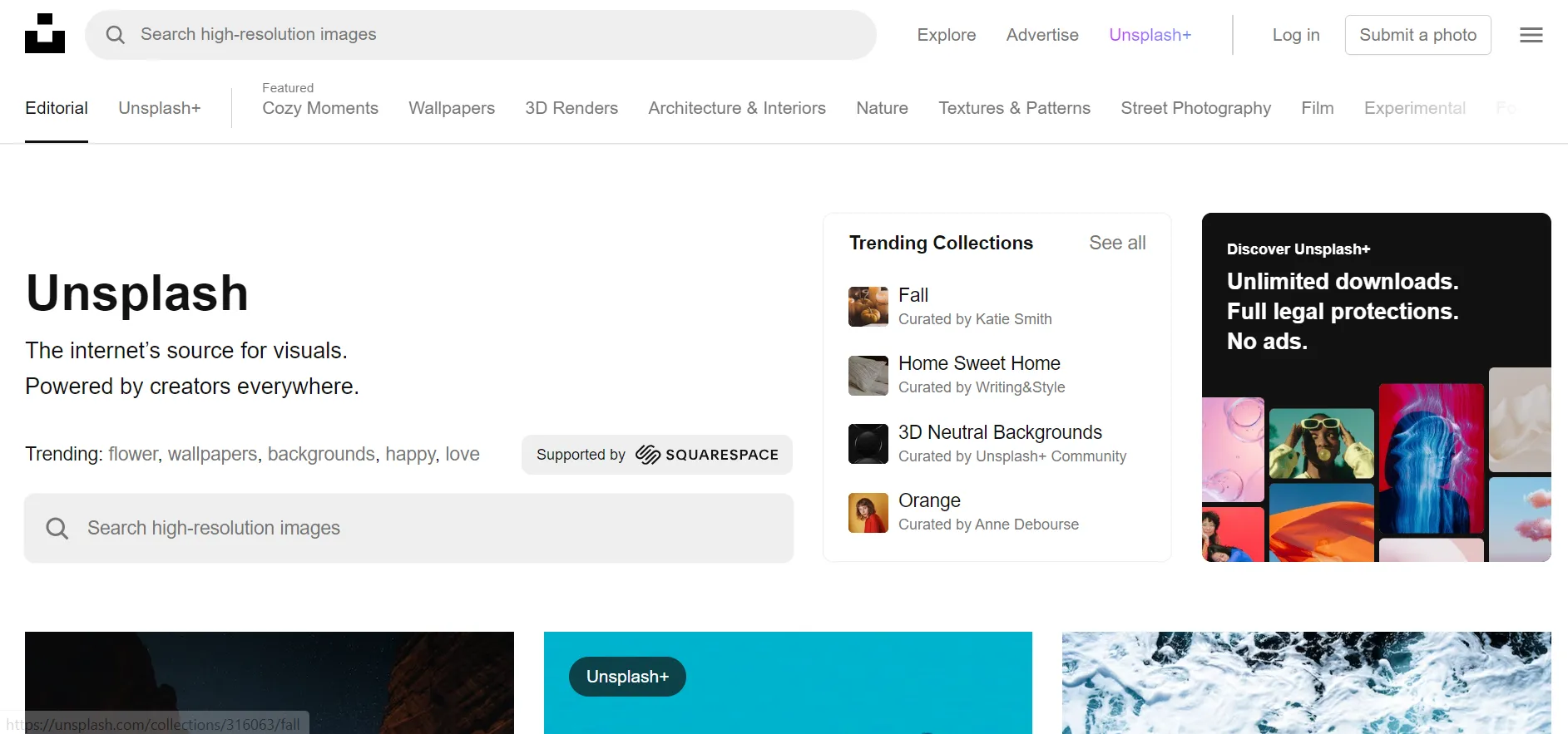 Unsplash homepage showing curated free stock photo collections
