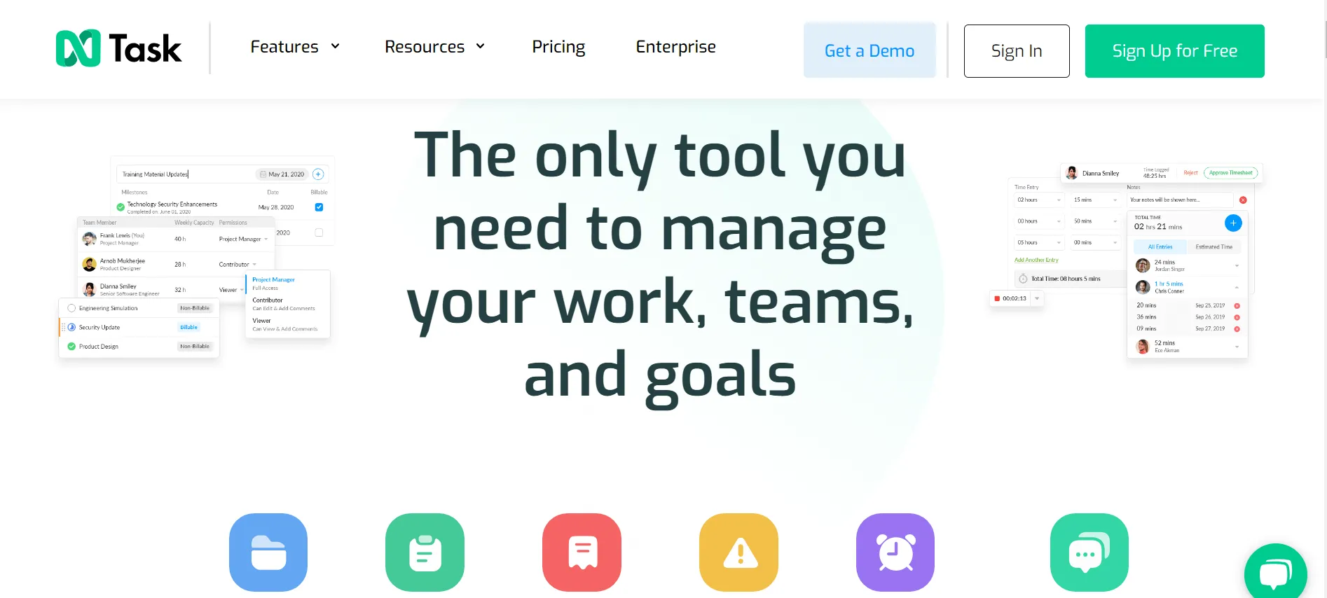 nTask dashboard with task lists, timesheets, and team collaboration