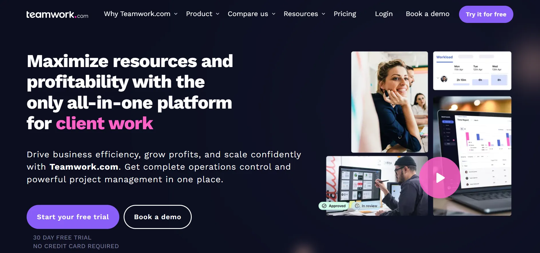 Teamwork Projects dashboard with task lists and team chat integration