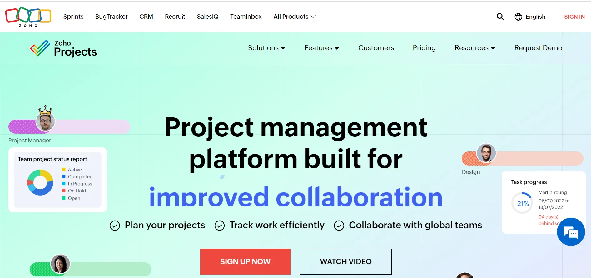 Zoho Projects Gantt chart with resource utilization and task tracking