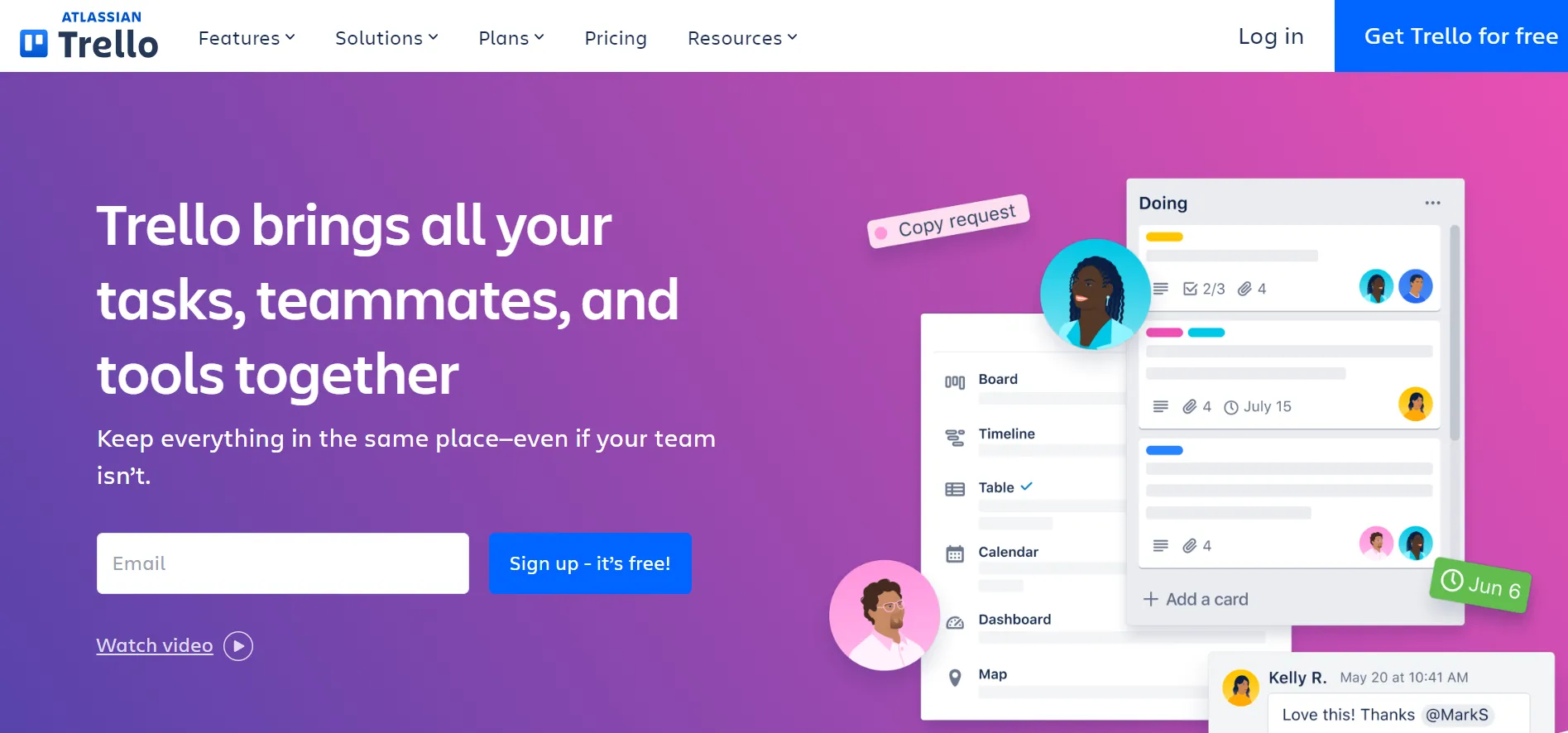 Trello board with drag-and-drop task cards and power-up integrations