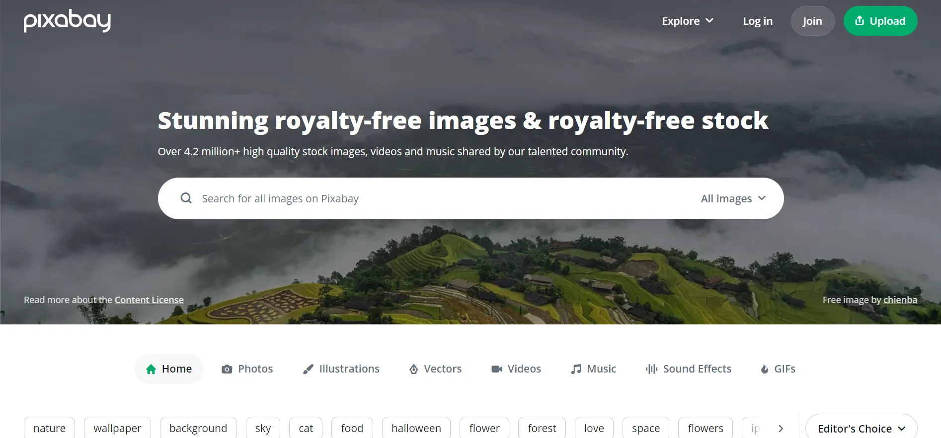 Pixabay search page with public domain photos and illustrations
