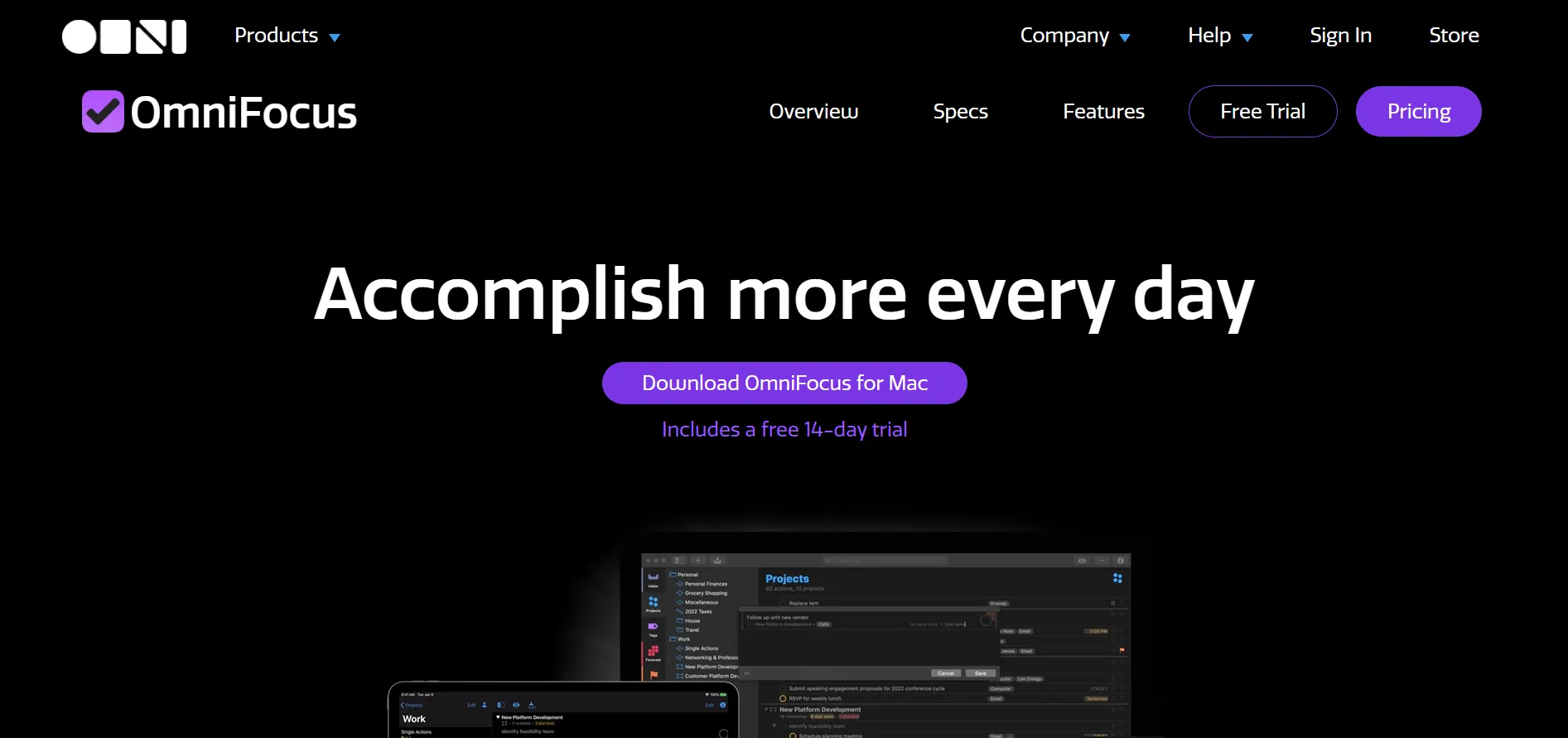 OmniFocus task list with projects, tags, and Siri integration on Mac