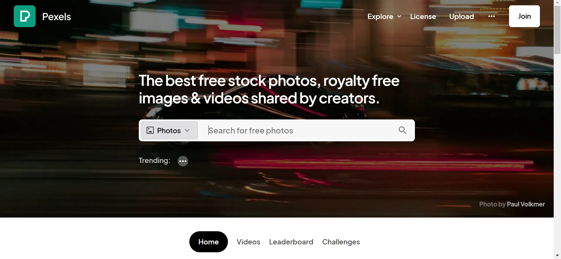 Pexels homepage with community-submitted free stock photography
