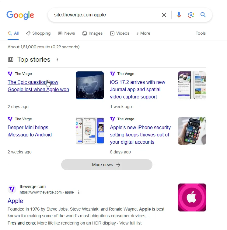 Google search results for site:theverge.com showing site-restricted results
