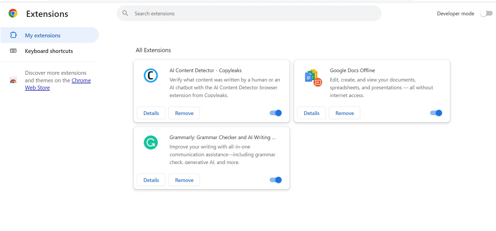 Chrome extensions page listing all installed extensions