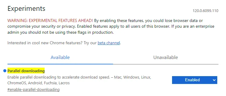 Parallel downloading toggle set to Enabled in Chrome flags