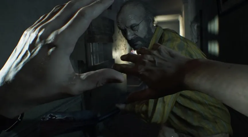 Resident Evil 7 first-person view inside a dilapidated mansion