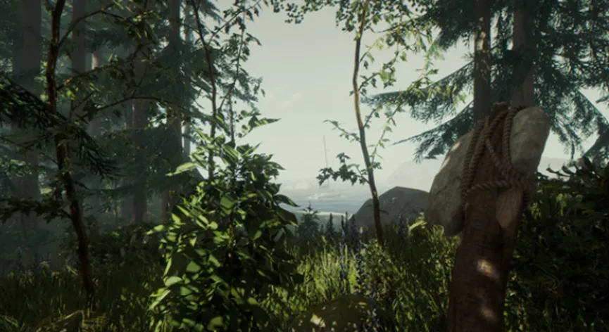 The Forest survival gameplay with shelter building in a dense forest
