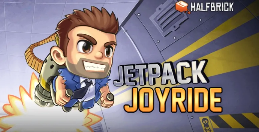 Jetpack Joyride endless runner with Barry flying through a lab
