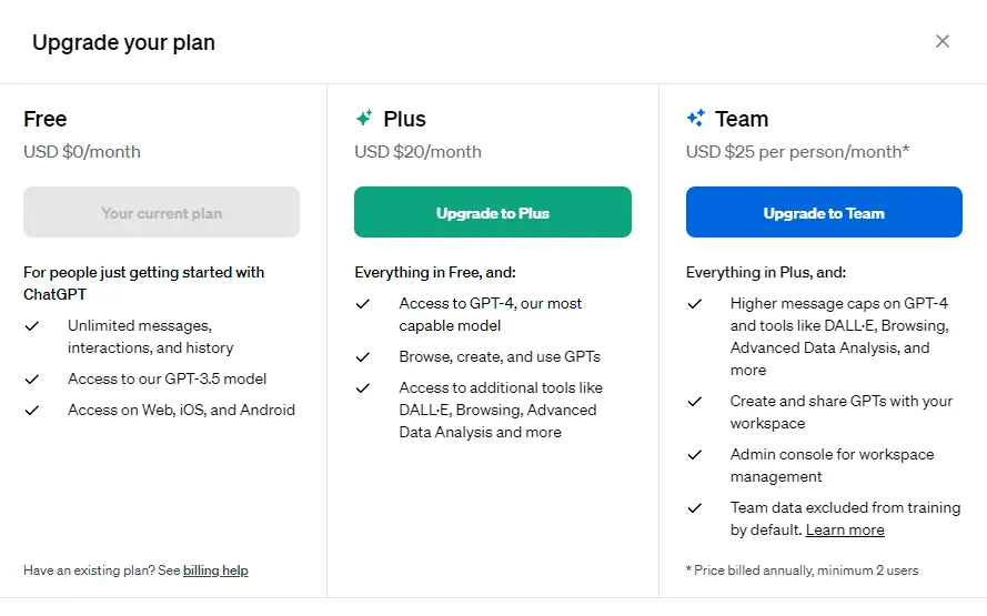 ChatGPT pricing page showing free and Plus subscription tiers