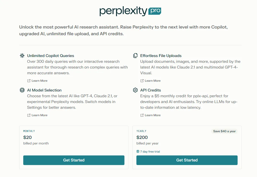 Perplexity Pro pricing page with monthly and annual options