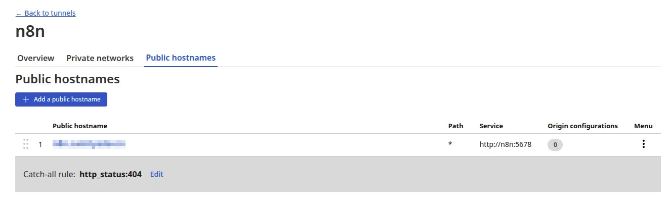 Cloudflare Tunnel service section pointing n8n to port 5678