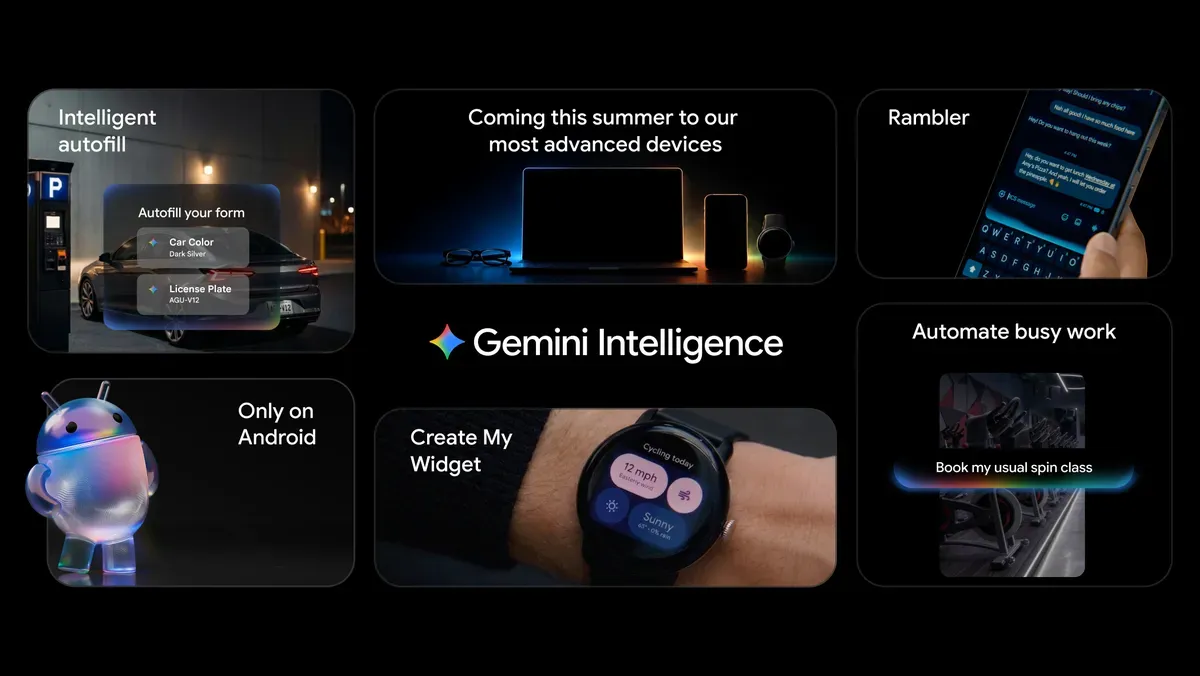 Android 17 logo with Gemini Intelligence branding on a device screen