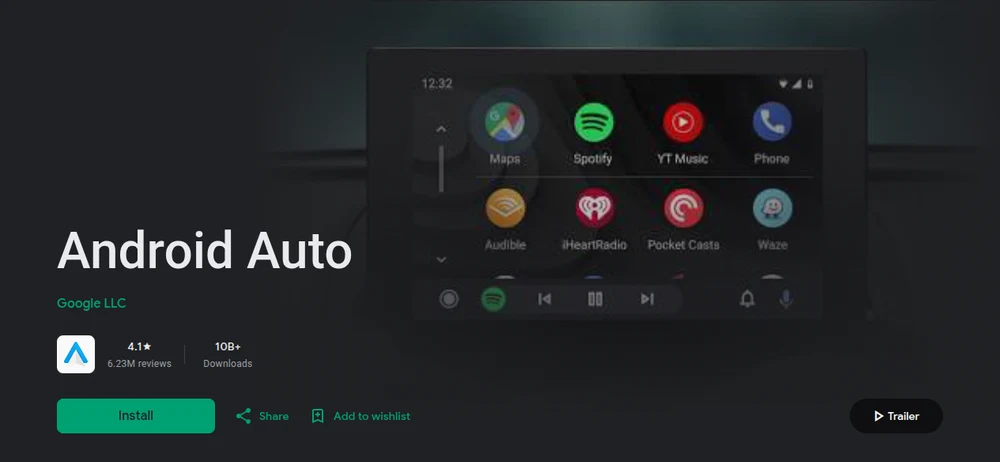 Android Auto listing on Google Play showing the app on a car display