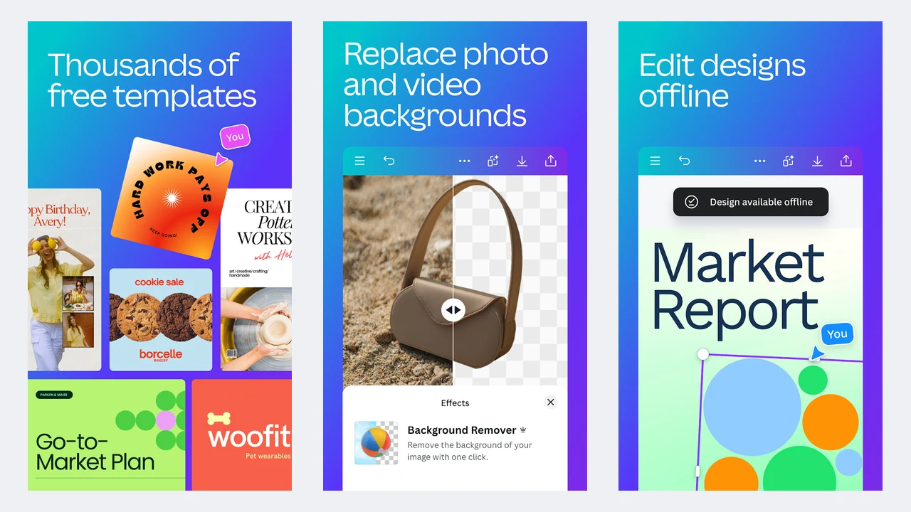Canva Play Store screenshots showing templates, a background remover, and offline design editing
