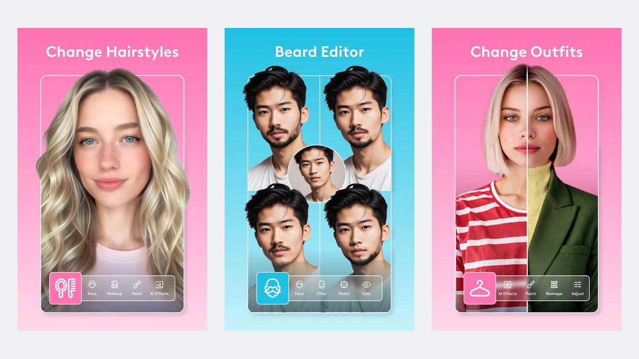 Facetune Play Store screenshots showing hairstyle changes, a beard editor, and outfit changes