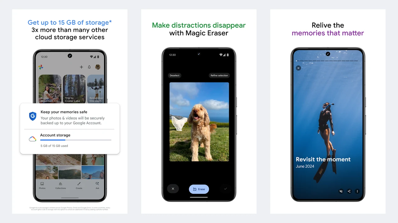 Google Photos Play Store screenshots showing storage backup, Magic Eraser removing a distraction, and a memories screen