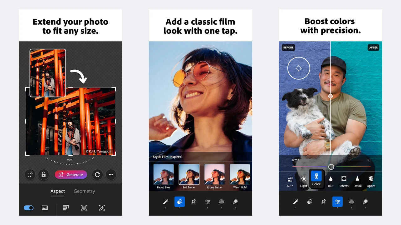 Lightroom Play Store screenshots showing photo expand, a film-look preset, and precise color editing
