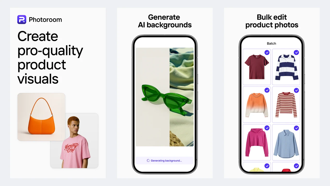 Photoroom Play Store screenshots showing product visuals, AI-generated backgrounds, and bulk editing