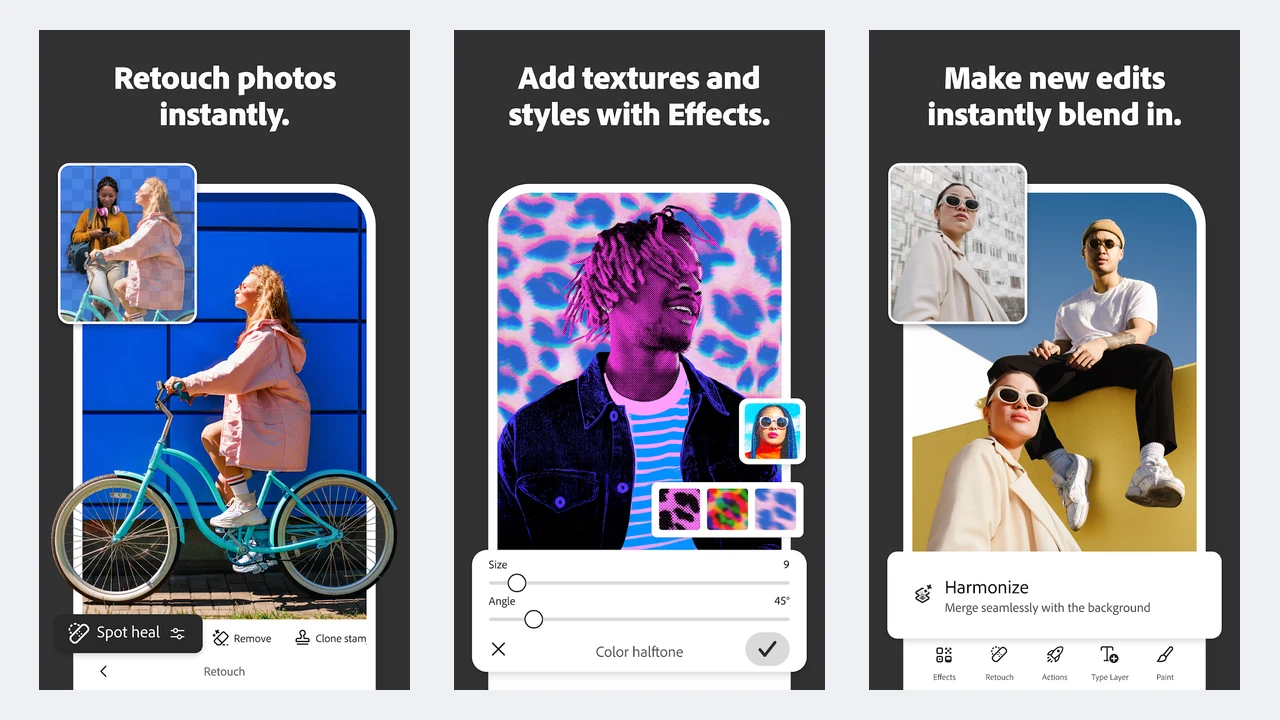 Photoshop mobile Play Store screenshots showing instant retouch, texture effects, and blended edits