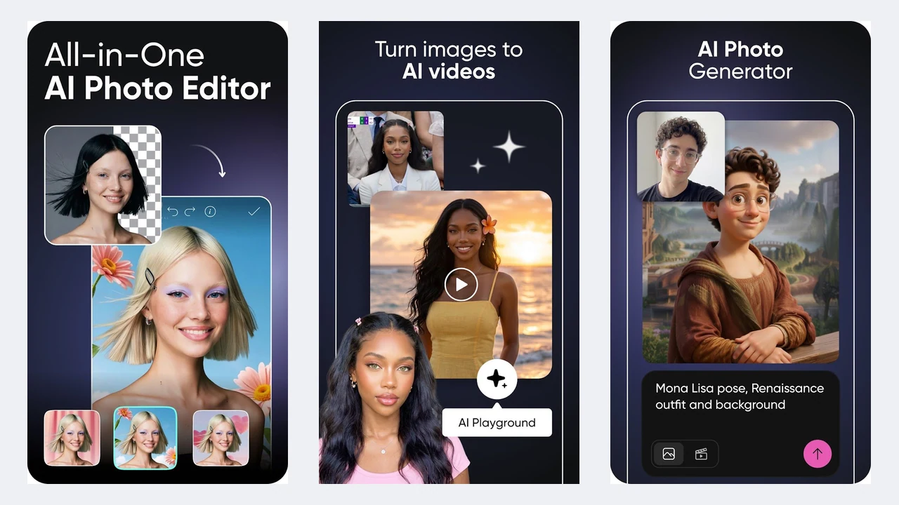 Picsart Play Store screenshots showing its AI photo editor, AI video, and AI photo generator