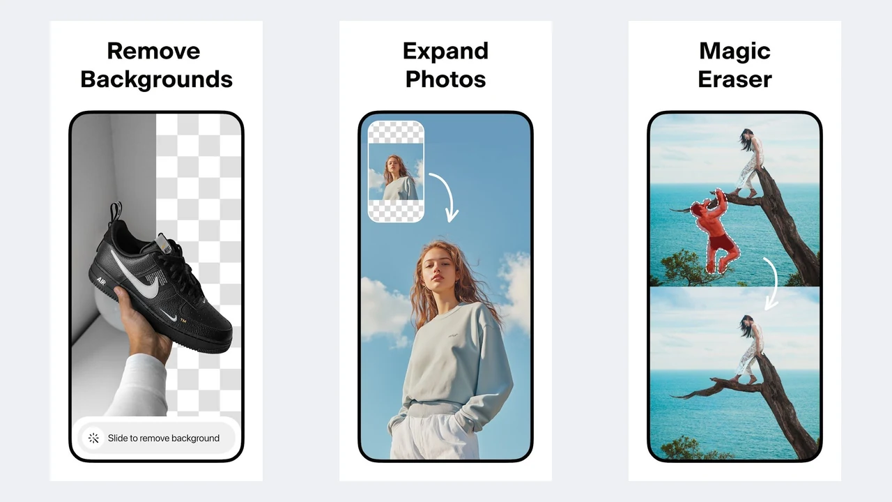 Pixelcut Play Store screenshots showing background removal, photo expand, and Magic Eraser