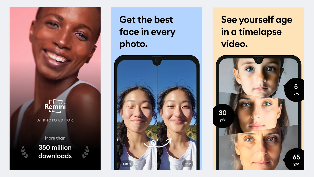 Remini Play Store screenshots showing a face enhanced by AI and an age timelapse