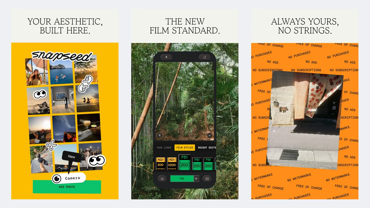 Snapseed 4 Play Store screenshots showing its redesigned camera and film-style presets