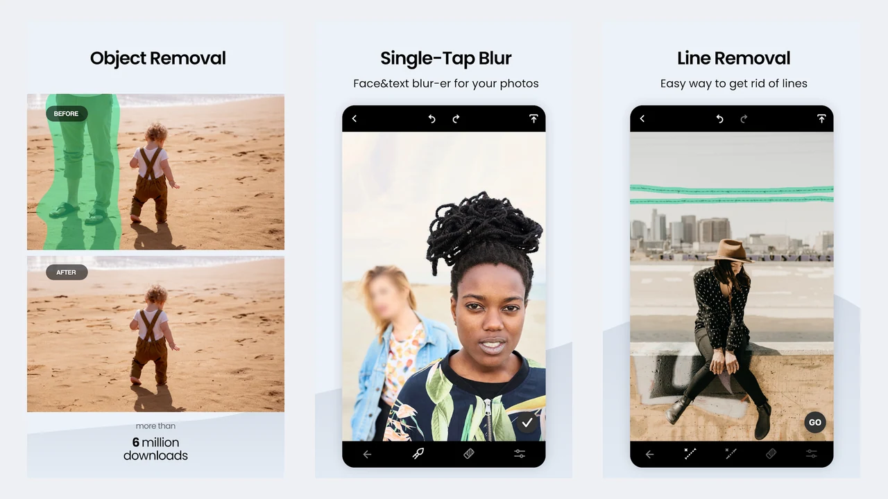 TouchRetouch Play Store screenshots showing object removal, single-tap blur, and line removal