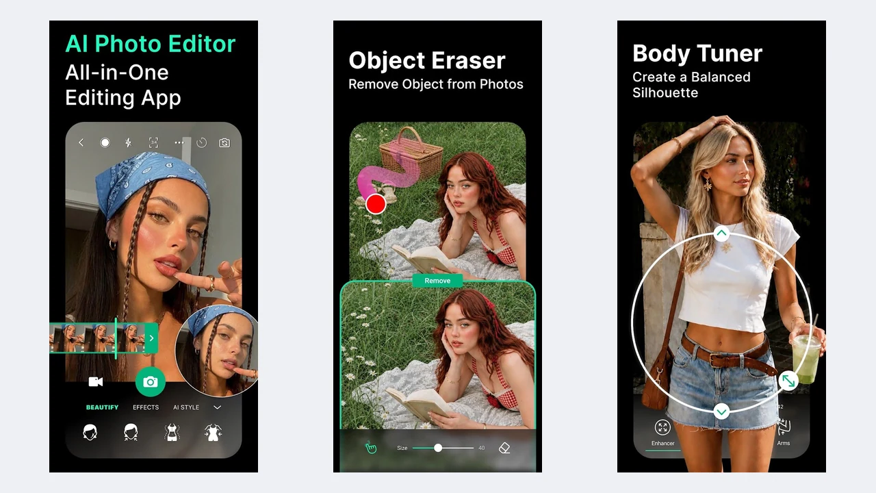 YouCam Perfect Play Store screenshots showing its AI photo editor, object eraser, and body tuner