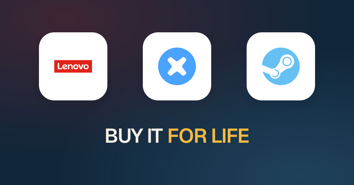 Lenovo, iFixit and Steam logos above the words Buy it for life