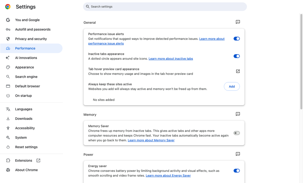 Chrome Performance settings with Memory Saver, Performance issue alerts, and Energy saver