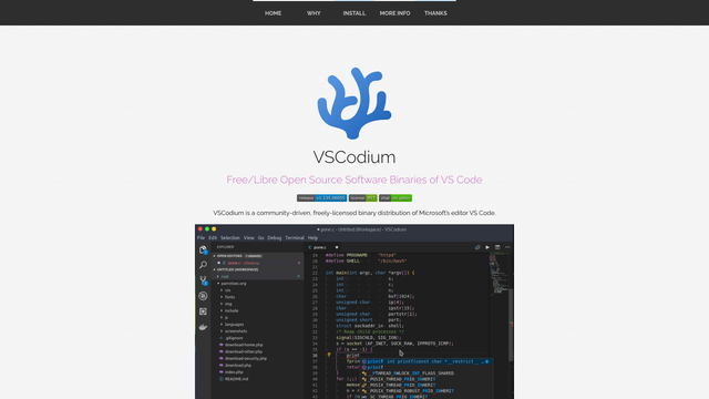 VSCodium website with its logo and a screenshot of the editor