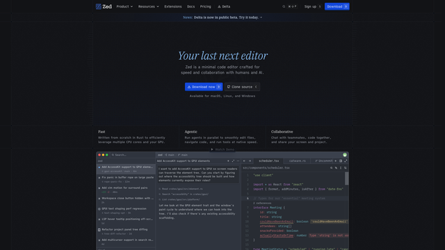 Zed website with the Your last next editor headline and a code editor screenshot