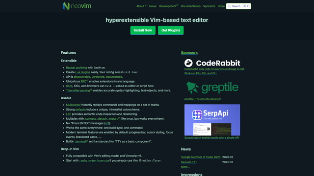 Neovim website with the hyperextensible Vim-based text editor headline