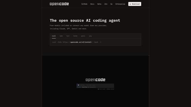 opencode website with The open source AI coding agent headline and install command