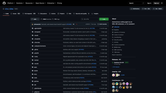 Cline GitHub repository page describing an autonomous coding agent