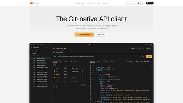 Bruno website with The Git-native API client headline