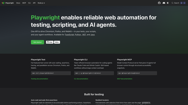 Playwright website describing reliable web automation for testing, scripting and AI agents