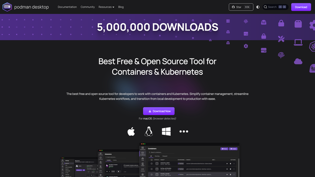 Podman Desktop website with the Best Free and Open Source Tool for Containers and Kubernetes headline