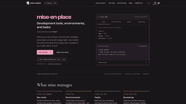 mise website with the mise-en-place headline for development tools, environments and tasks