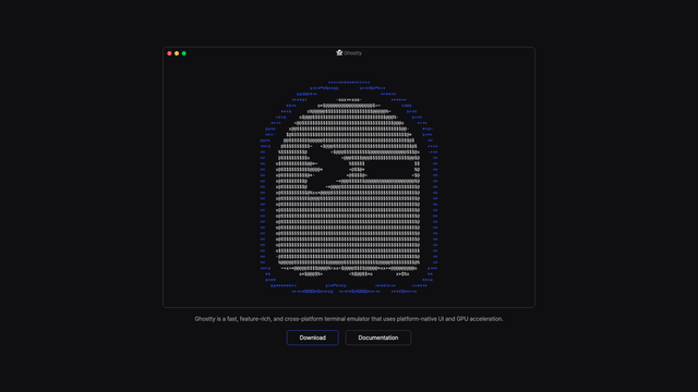 Ghostty website with its animated ghost logo drawn in text characters