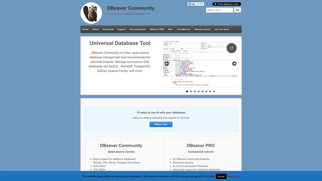 DBeaver Community website with the Universal Database Tool headline