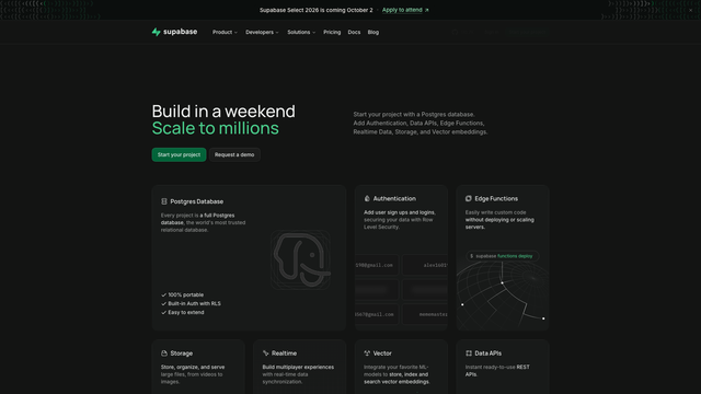 Supabase website with the Build in a weekend Scale to millions headline