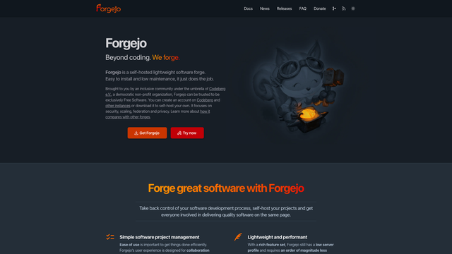 Forgejo website with the Beyond coding. We forge. headline